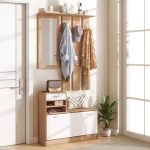 Mobile Appendiabiti 3 in 1 con Scarpiera e Specchio, Ganci e Cassetti, in Legno, 90x24x177 cm, Bianco e Noce - immagine 2