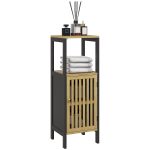 Mobiletto Bagno con Ripiano Aperto e Armadietto, in MDF e Bambù, 32x30x90.5 cm, Nero e color Legno