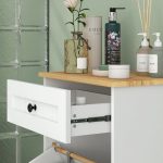 Mobiletto Bagno in Legno con Cesto Portabiancheria in Tessuto Ribaltabile e Cassetto, Bianco - immagine 8