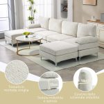 Divano Componibile 4 Pezzi con Poggiapiedi e Cuscini, in Tessuto effetto Ciniglia, 313x149x88 cm, Bianco Crema - immagine 6