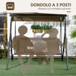 Dondolo da Giardino 3 Posti con Copertura Regolabile, in Acciaio e Poliestere, 172x110x153 cm, Marrone e Grigio - immagine 6