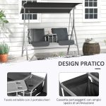 Dondolo 2 Posti con Tavolino e Portabicchieri, in Metallo e Poliestere, 175x110x165 cm, Grigio - immagine 5