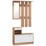 Mobile Appendiabiti 3 in 1 con Scarpiera e Specchio, Ganci e Cassetti, in Legno, 90x24x177 cm, Bianco e Noce