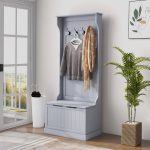 Mobile Appendiabiti 3 in 1 con 4 Ganci e Panca Contenitore, in Legno, 71.5x39.5x170 cm, Grigio - immagine 2