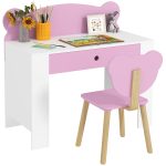 Set Scrivania per Bambini con Cassetto e Sedia con Schienale a Orsetto, Età 3-8 Anni, Rosa