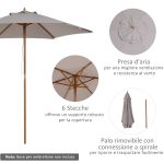 Ombrellone da Giardino a 6 Stecche in Legno e Tessuto Poliestere, 2.5x2.3m, Grigio - immagine 4