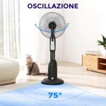 Ventilatore Nebulizzatore a 3 Velocità, Oscillazione 75° e Nebulizzazione Regolabile, Nero - immagine 6