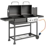 Barbecue a Carbone e Gas con 3 Bruciatori e Coperchio, Termometro, Ruote e Ripiani, Nero
