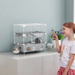 Gabbia per Criceti a 2 Livelli e 3 Porte con Ruota e Tubi, in Acciaio, PS e PP, 44.5x28x44 cm, Grigio e Bianco - immagine 2