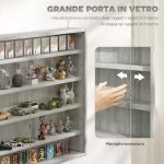 Vetrina per Collezionismo a 4 Ripiani Regolabili in Legno con Ante in Vetro, 80x9.5x60 cm, Grigio - immagine 5
