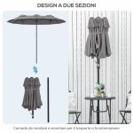 Ombrellone Doppio Inclinabile a 45° con Manovella e Prese d'Aria, in Acciaio e Poliestere, 285x147x227 cm, Grigio - immagine 8