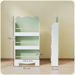 Libreria per Bambini con 3 Ripiani a Forma di Orsetto con Barriere Frontali, 55x15x110 cm, Verde - immagine 3