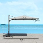 Ombrellone a Sbalzo con Manovella e Base a Croce, in Poliestere, Alluminio e Metallo, 365x297x256 cm, Grigio Chiaro - immagine 3