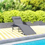 Sdraio da Giardino Pieghevole e Reclinabile a 5 Livelli con Tavolino Laterale e Tasca, 60x190x31 cm, Grigio e Nero - immagine 9