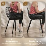 Set 4 Sedie da Pranzo Moderne con Schienale Traforato in Plastica e Gambe in Metallo, Nero - immagine 4