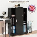 Armadietto da Ufficio a 3 Ripiani con 2 Chiavi di Sicurezza e Ante Scorrevoli, 80x40x120 cm, Nero - immagine 6