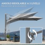 Ombrellone a Sbalzo con Manovella e Base a Croce, in Poliestere, Alluminio e Metallo, 365x297x256 cm, Grigio Chiaro - immagine 6