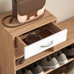 Mobile Appendiabiti 3 in 1 con Scarpiera e Specchio, Ganci e Cassetti, in Legno, 90x24x177 cm, Bianco e Noce - immagine 8