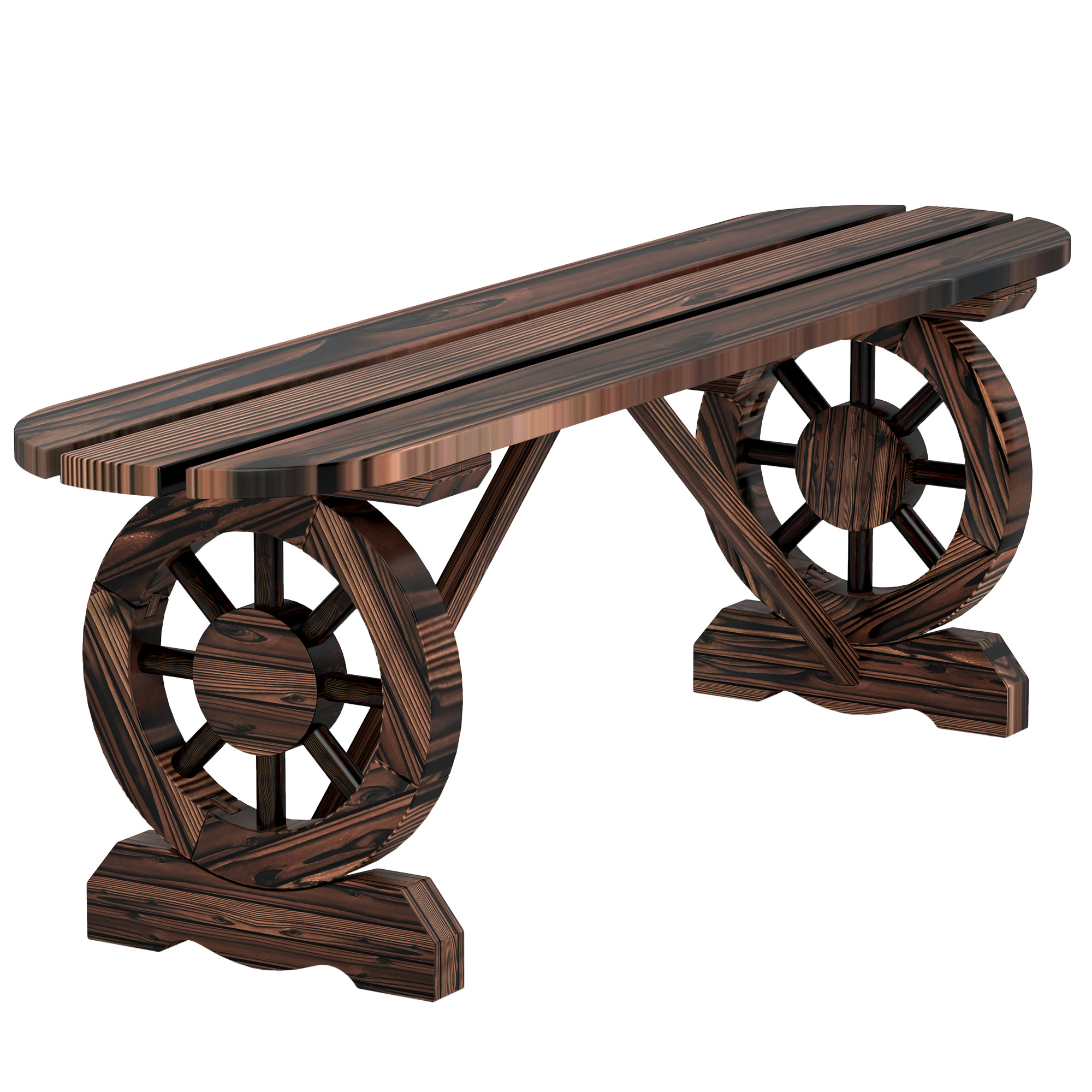mEf1e519494671193.jpg Panchina da Giardino con Gambe a Ruota di Carro e Seduta a Doghe, 120x29x39cm, Marrone - immagine 1