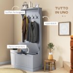 Mobile Appendiabiti 3 in 1 con 4 Ganci e Panca Contenitore, in Legno, 71.5x39.5x170 cm, Grigio - immagine 4