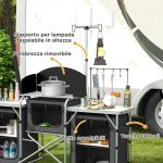 Cucina da Campeggio Pieghevole a 3 Piani con 5 Ripiani Interni e 4 Ganci, 172x48x119 cm, Nero - immagine 5