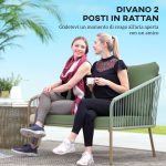 Divano da Giardino 2 Posti in Rattan PE Stile Boho con Cuscini Sfoderabili e Braccioli, Verde - immagine 4