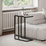 Tavolino da Caffè in Vetro e Acciaio a Forma di C, 46x25x63.5 cm, Nero - immagine 2
