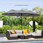 Ombrellone Doppio Inclinabile a 45° con Manovella e Prese d'Aria, in Acciaio e Poliestere, 285x147x227 cm, Grigio - immagine 6