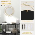 Specchio Moderno e Rotondo Decorativo a Muro con Ganci, in Vetro e Metallo, Ø65x1 cm, Oro - immagine 5