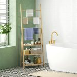 Scaffale Bagno 3 Ripiani con Porta Asciugamani a 3 Barre, Autoportante e Pieghevole in Legno di Bambù - immagine 2