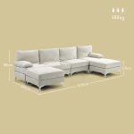Divano Componibile 4 Pezzi con Poggiapiedi e Cuscini, in Tessuto effetto Ciniglia, 313x149x88 cm, Bianco Crema - immagine 3