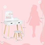 Set Toeletta per Bambini con Tavolo Trucco e Sgabello, Specchio e 2 Cassetti, Bianco e Colore Legno - immagine 3