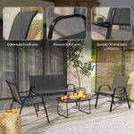 Set da Giardino con Divano 2 Posti, 2 Poltrone Impilabili e Tavolino in Vetro, Nero - immagine 8