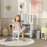 Set da Trucco per Bambini con Tavolo Toeletta con Specchio Triplo Rimovibile e Sedia in Legno Bianco - immagine 2