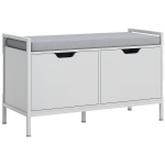 Panca Scarpiera a 2 Armadietti con Cuscino, in Tessuto Effetto Lino, Legno e Acciaio, 84x35x50 cm, Bianco