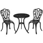 Set da Giardino 3pz con 2 Sedie da Esterno e Tavolino in Vetro con Foro per Ombrellone, in Alluminio, Nero