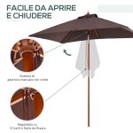 Ombrellone Rettangolare Inclinabile 2x1.5 m con 6 Stecche e Apertura a Corda, in Bambù e Poliestere Caffè - immagine 6