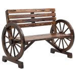 Panchina da Giardino 2 Posti a Doghe con Braccioli a Ruota di Carro, in Legno, 105.5x56x79 cm, Marrone Bruciato