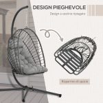 Poltrona Sospesa in Rattan PE con Cuscino, Seduta Pieghevole e Struttura in Acciaio, Grigio - immagine 4