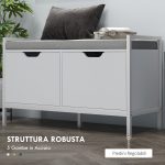 Panca Scarpiera a 2 Armadietti con Cuscino, in Tessuto Effetto Lino, Legno e Acciaio, 84x35x50 cm, Bianco - immagine 6