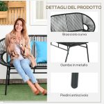 Divano da Giardino 2 Posti in Rattan PE e Acciaio con Cuscini e Braccioli, 132x72x83 cm, Nero - immagine 6