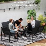 Set da Giardino con 2 Divani 2 Posti, 2 Poltrone e un Tavolino da Caffè con Piano in Vetro, Nero - immagine 4