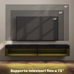 Mobile Porta TV fino 75" Sospeso con Luci LED 16 Colori e Telecomando, 180x40x30cm, Nero - immagine 6