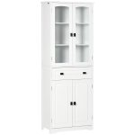 Credenza da Cucina Alta con 2 Armadietti e Cassetto, Ante a Vetri e Ripiani Regolabili, 60x30x160cm, Bianco