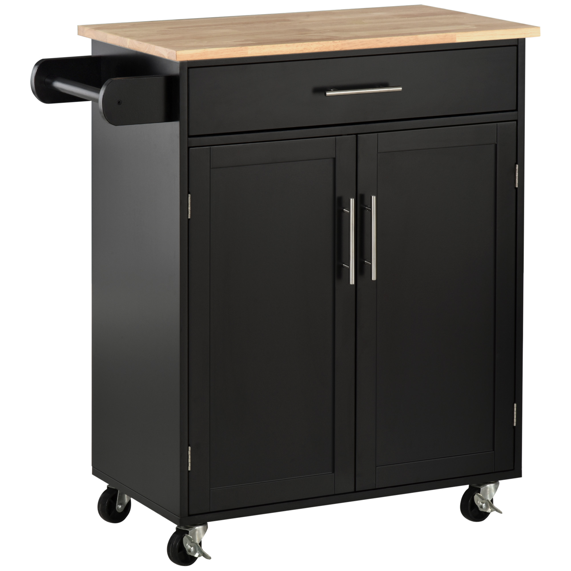 w46acb194968b1385.jpg Carrello da Cucina con Cassetto e Armadietto 2 Ante, Ruote e Barra Laterale, 83x45x91.5cm, Nero - immagine 1