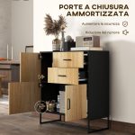 Credenza Moderna con 3 Armadietti e 2 Cassetti, in Truciolato e Acciaio, 80x35x88 cm, Nero e color Legno - immagine 5