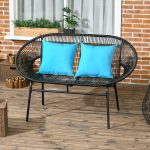 Divano da Giardino 2 Posti in Rattan PE e Acciaio con Cuscini e Braccioli, 132x72x83 cm, Nero - immagine 2