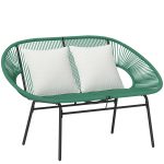 Divano da Giardino 2 Posti in Rattan PE e Acciaio con Cuscini e Braccioli, 132x72x83 cm, Verde