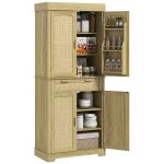 Credenza Cucina Stile Boho con 2 Armadietti, Cassetto e Portaspezie in Legno e Rattan, 76x40x183cm, Rovere