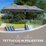 Ombrellone Doppio Inclinabile a 45° con Manovella e Prese d'Aria, in Acciaio e Poliestere, 285x147x227 cm, Grigio - immagine 7